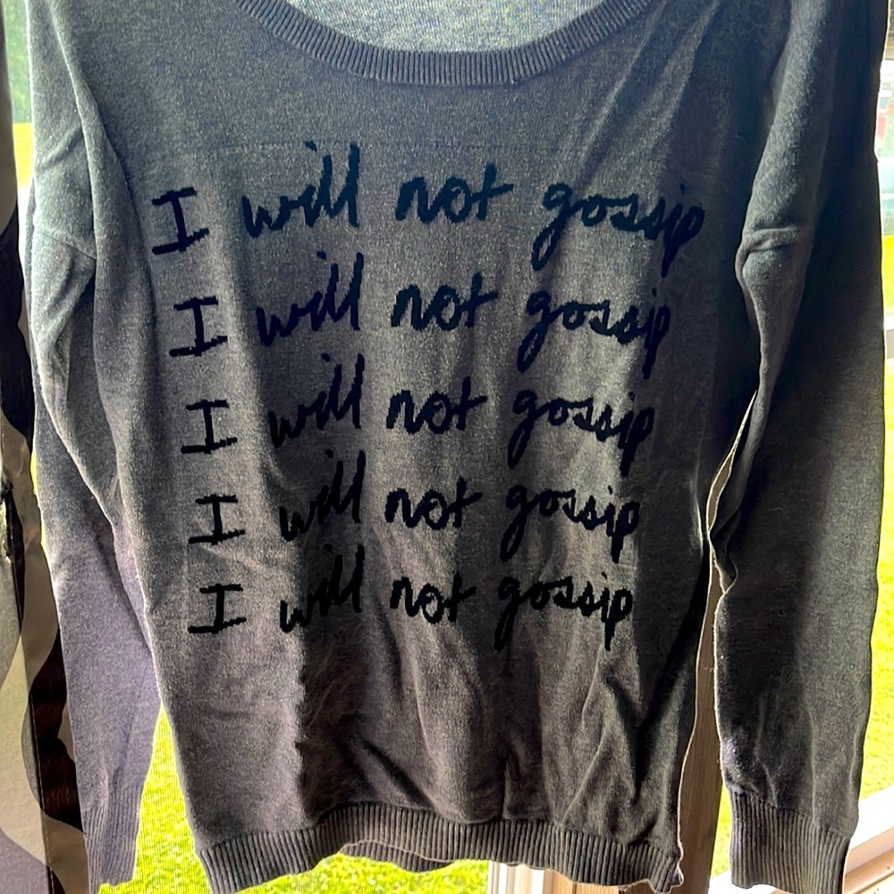 Express grey sweater “I will not gossip” size M